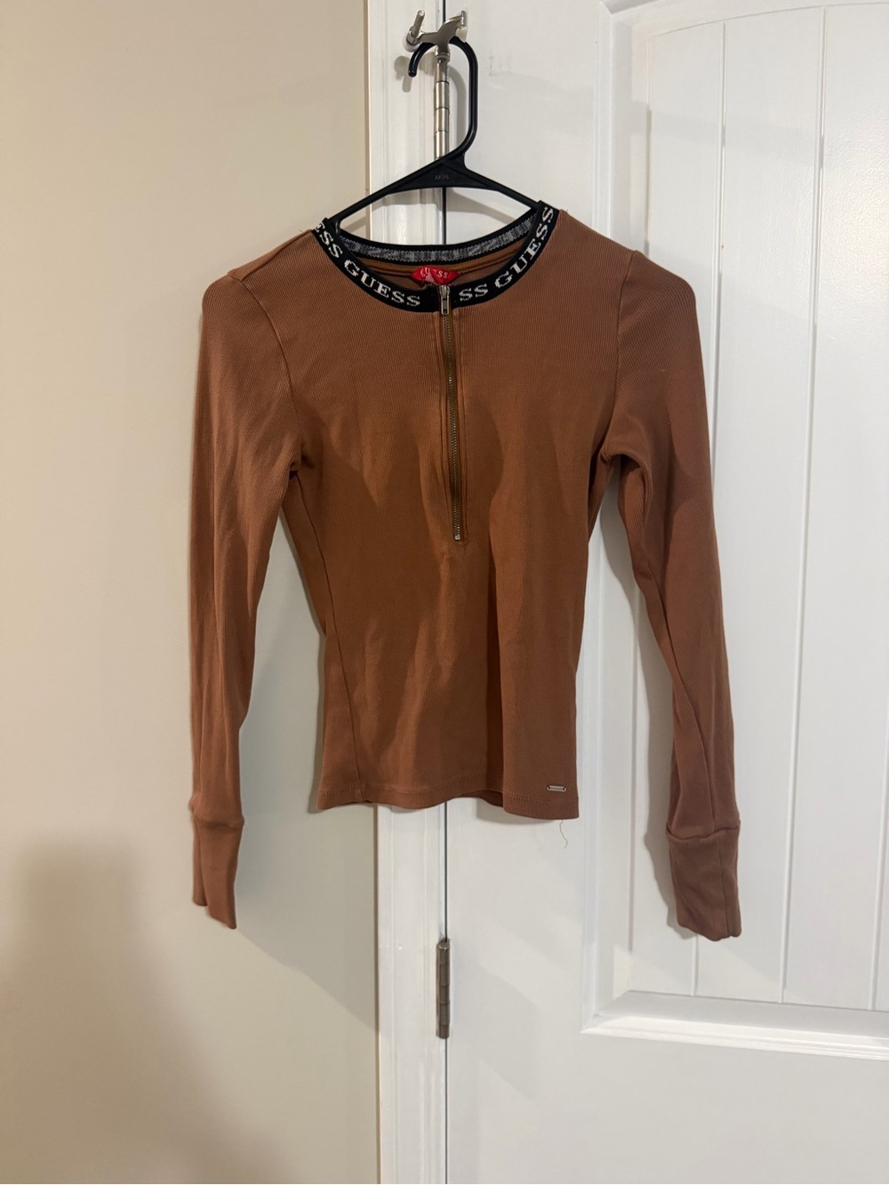 Guess Los Angeles Brown Ribbed Quarter Zip Long Sleeve Top Size S